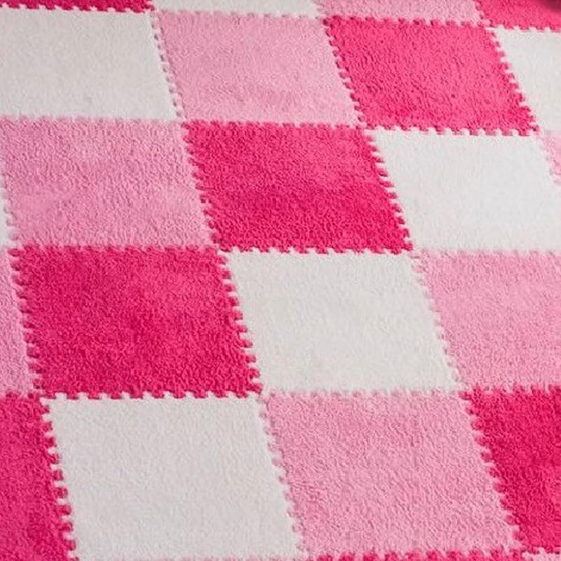 Typutomi 12pcs Plush Puzzle Foam Floor Mat, Cute Soft Fluffy Interlocking Square Foam Tiles Area Rugs Carpet for Parlor Bedroom Decoration(11.8x11.8x0.4in, Rose Red&Pink&White) - Image 1